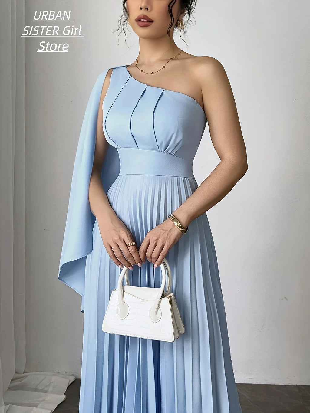 Long Gown Dress, Light Blue One-Shoulder Cape, High-Waisted Full-Length Pleated Floor-Length Style, Light Luxury Minimalist Elegant Style, Suitable for Weddings, Bridesmaids, Guests, Graduation, Prom, Cocktail Parties, Matte