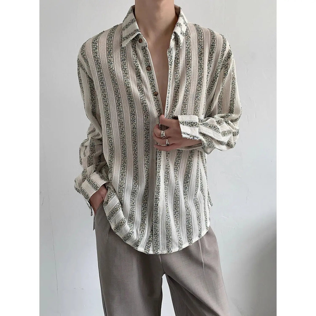 Korean Style Design Sense Hollow Striped Shirt Men's Casual Loose Iron-free Drooping Long-sleeved Shirt Niche