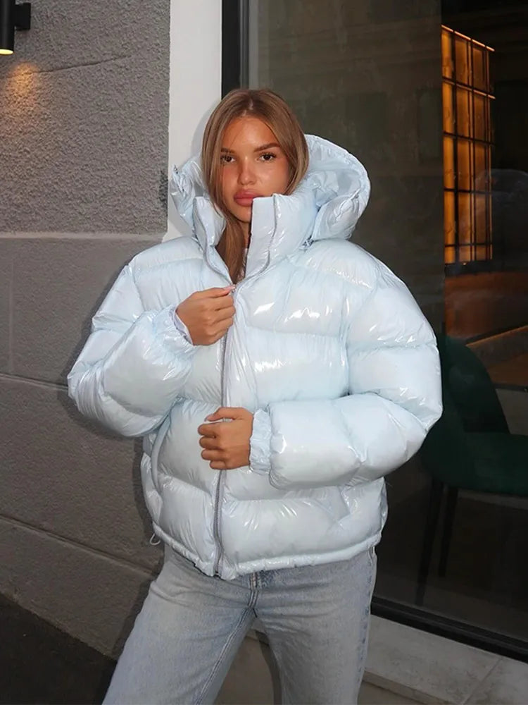 High Street Women's Glossy Zipper Hooded Coats Warm Elastic Waist Pleated Short Cotton Female Jacket 2026 Winter New Lady Outfit