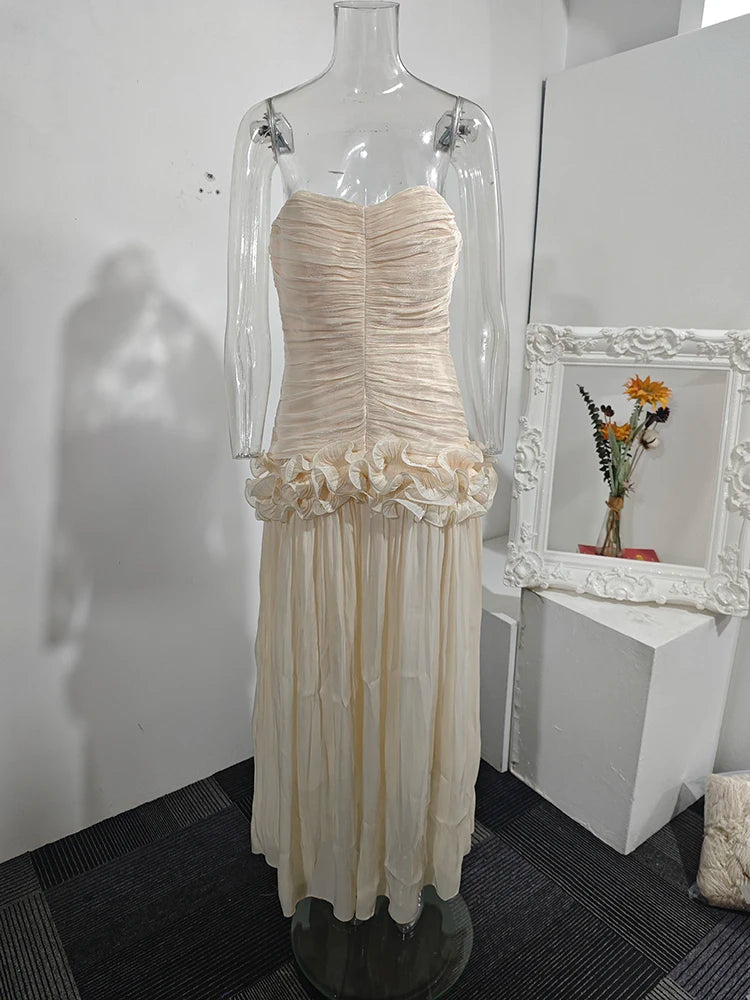 DEAT Elegant Dress Strapless Stringy Selvedge Splice Pleated Long Women's Evening Party Dresses 2026 Summer New Fashion 35Z2459