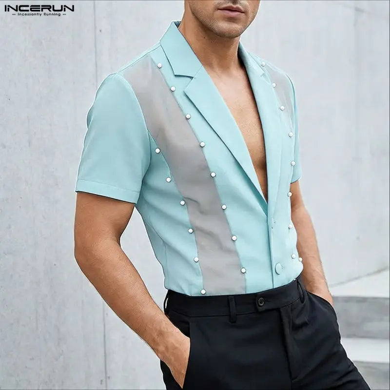 INCERUN Men's Shirt Mesh Patchwork Lapel Short Sleeve Menswear Clothing Streetwear See Through Party Fashion Tops For Man Camisa