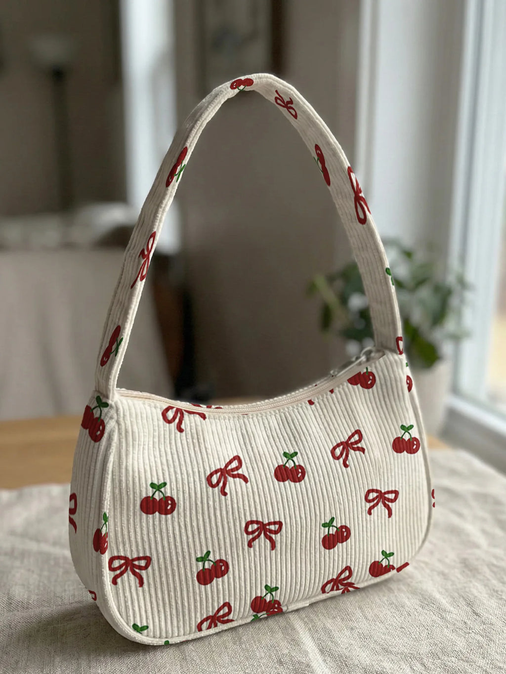 Trendy Cherry & Bow Print Shoulder Bag, Beige Corduroy Underarm Bag for Daily Casual Use