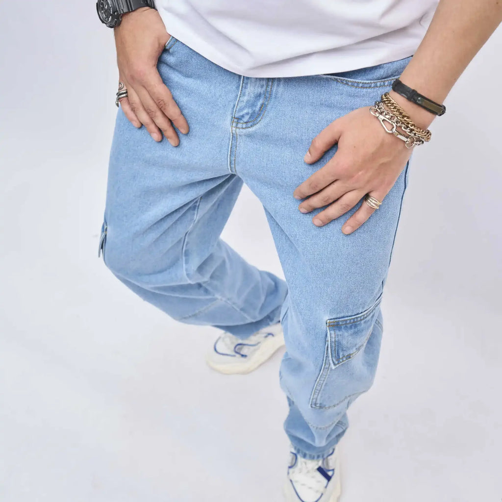2024 Men's New Style Solid Color Multi-pocket Jeans, American Trendy Loose High Street Wide-leg Fashionable All-match Long Pants