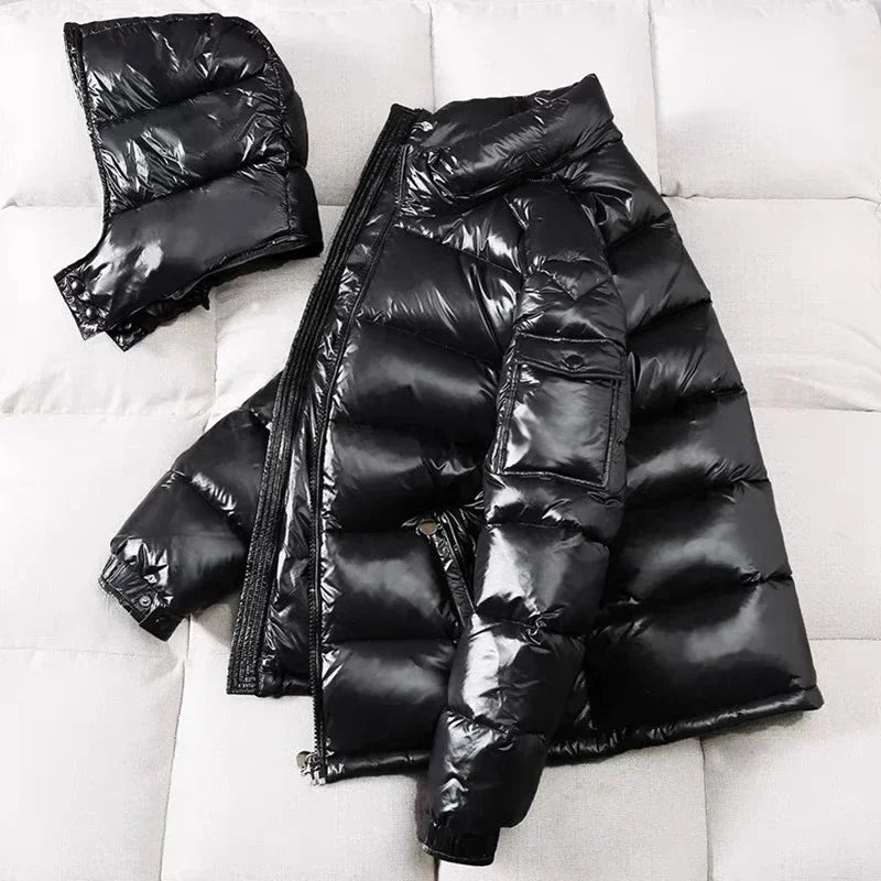 New Fashion Men Shiny Puffer Jackets Man Hooded Casual White Duck Down Coats Quality Male Outdoor Windproof Warm Jackets Size 4X