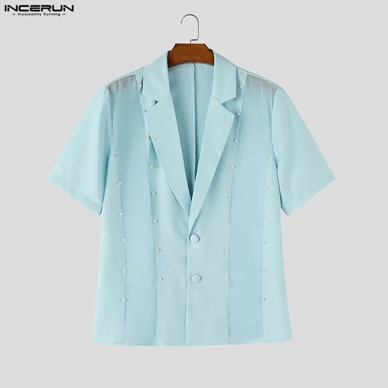 INCERUN Men's Shirt Mesh Patchwork Lapel Short Sleeve Menswear Clothing Streetwear See Through Party Fashion Tops For Man Camisa