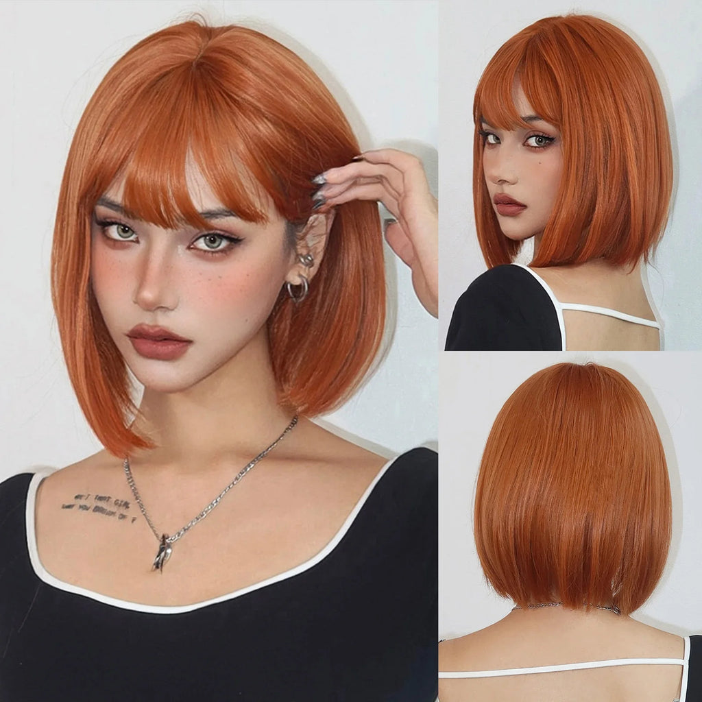 Brown Synthetic Wigs With Bangs Short Straight Bob Wigs For Women Daily Party Natural Looking Heat Resistant Fiber Fake Hair