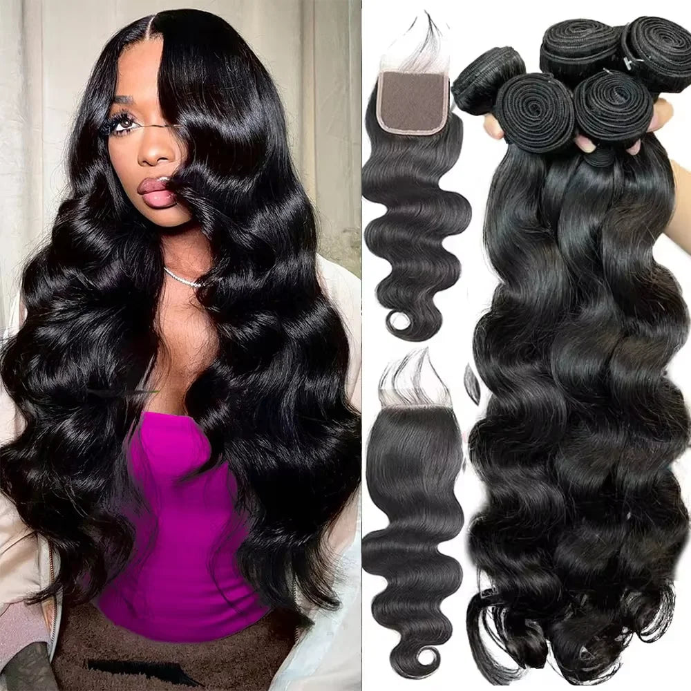 Body Wave 100% Human Hair Bundles With Closure Unprocessed Brazilian 3 Bundles with 4x4 Free Part Lace Closure For Women Remy