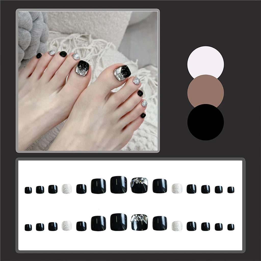 24pcs Black Fake Toenails With Rhinestones Decor Square Press On Nails Tips Long Lasting Glossy False Nails Finished Wearable