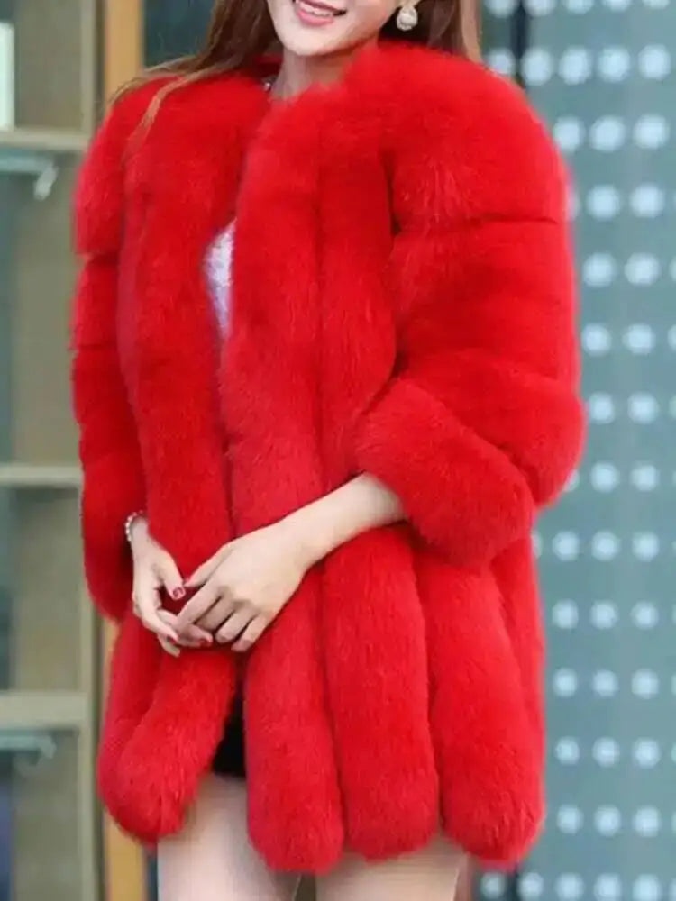 LANMREM 2024 Winter New Faux Fox Fur Coat Women Warm Long Sleeve Solid Color Temperament Luxury Jacket Coat Female Fashion 2W999