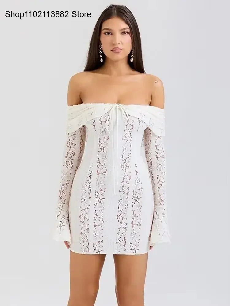 Elegant Lace Off-Shoulder Sexy Maxi Dress Women Strapless Backless Long Sleeve Bodycon Evening Club Party Long Dress
