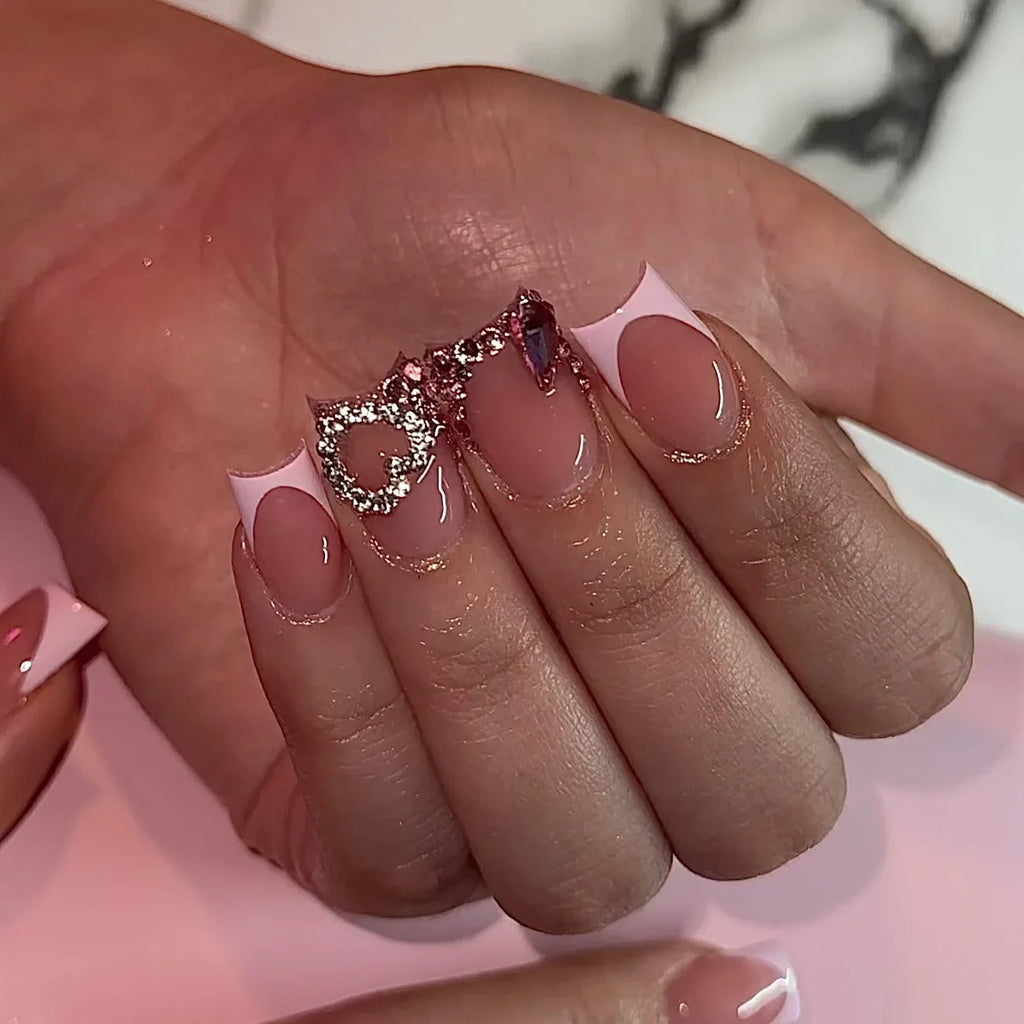 24pcs Leopard Print French False Nail Spicy Girls Press on Nails Wearable Sets Flower Brown Short Square Fake Nails with Diamond