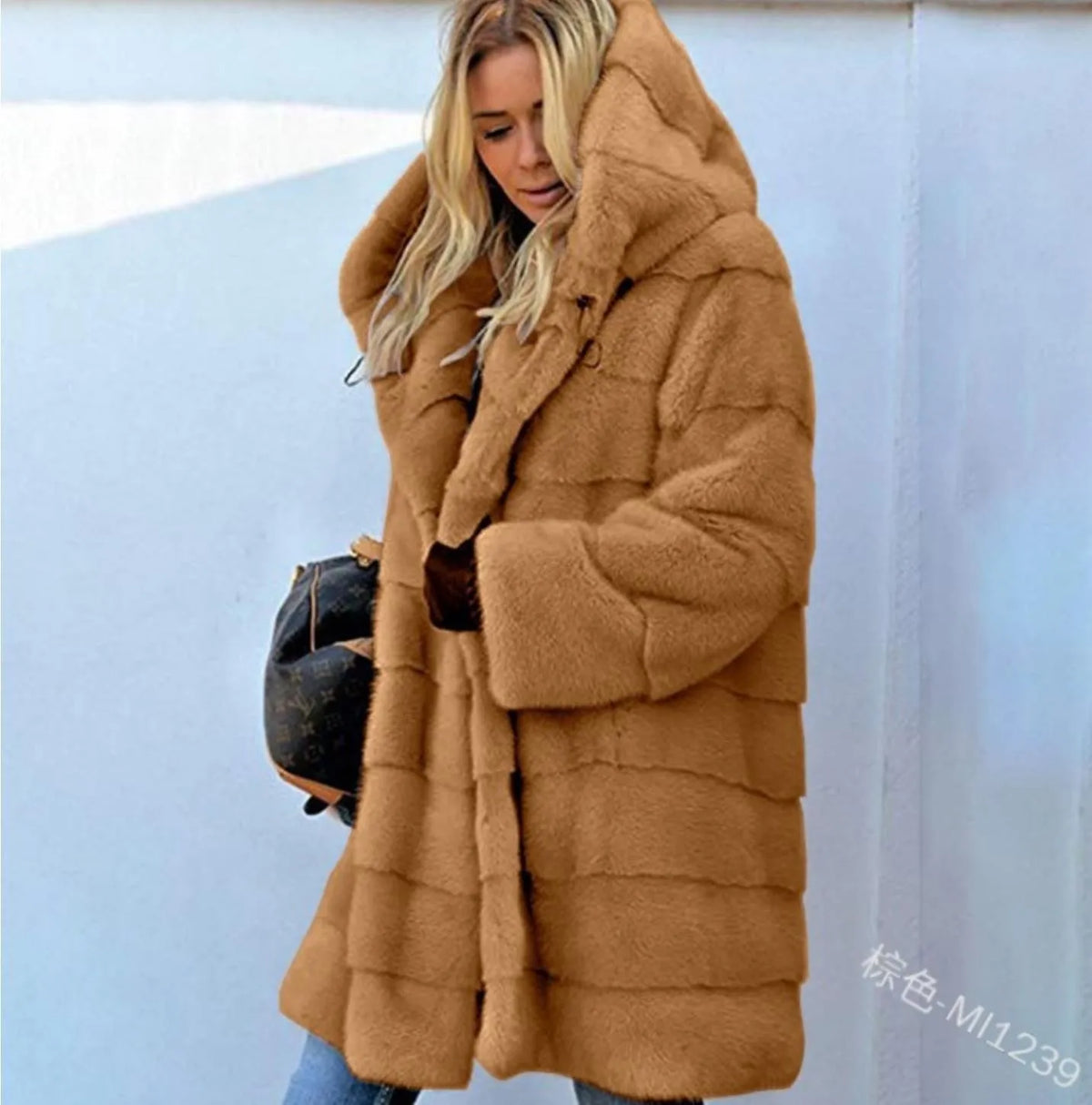 Women Warm Faux Fur Coat Vintage Solid Hoodies Midi Length Cardigan Jackets Furry Outerwear Jackets Hooded Coats Winter