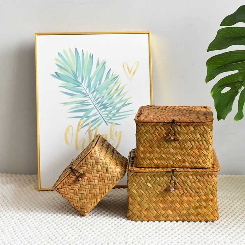 Rattan Weaving Wicker Shelf Baskets New Lid Rectangular Bin Handwoven Home Organizer Bedroom