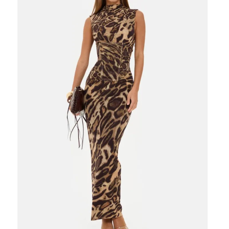 Leopard Print Dress Women's Temperament Waist Slim Fishbone Fixed Drawstring Dress Spring Summer Sleeveless Commuting Long Skirt