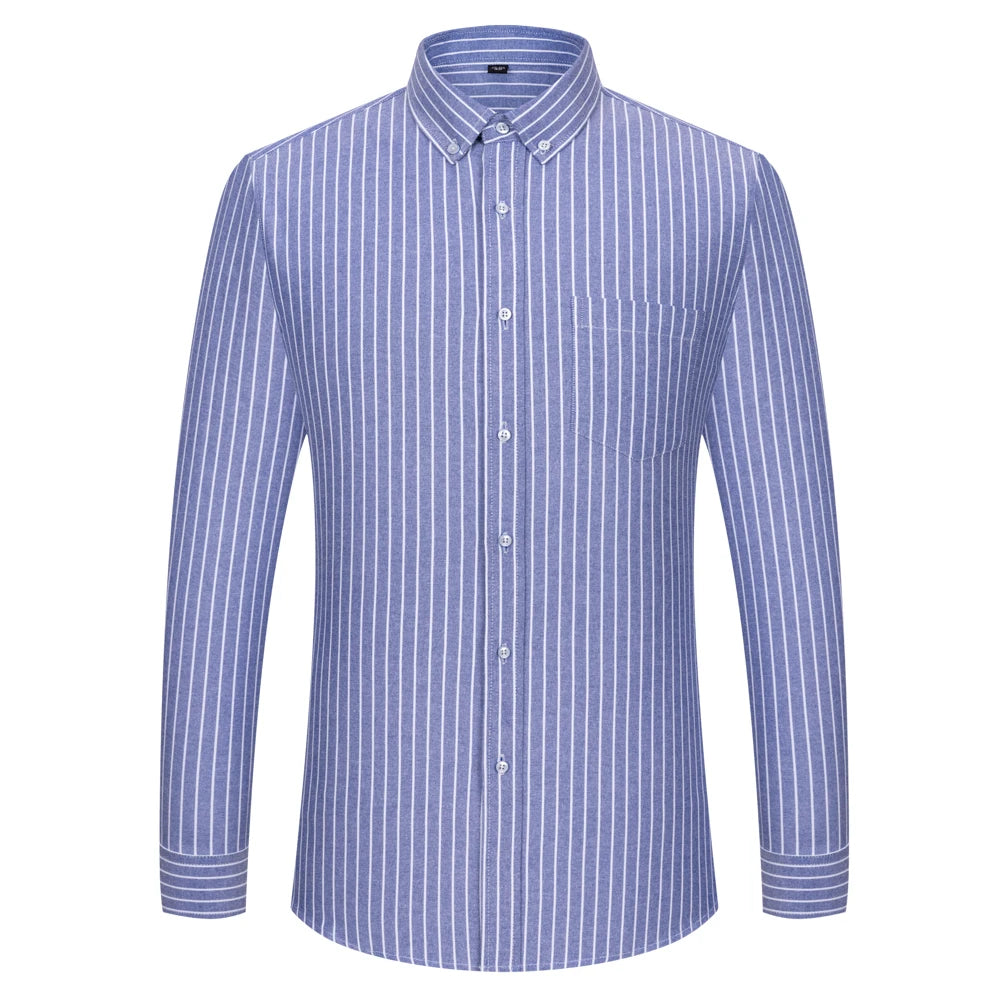 Men's Oxford Long Sleeve Multicolor Striped Plaid Dress Shirts Thick Cotton 100% Spring Fall Versatile Casual Button-Down Shirt