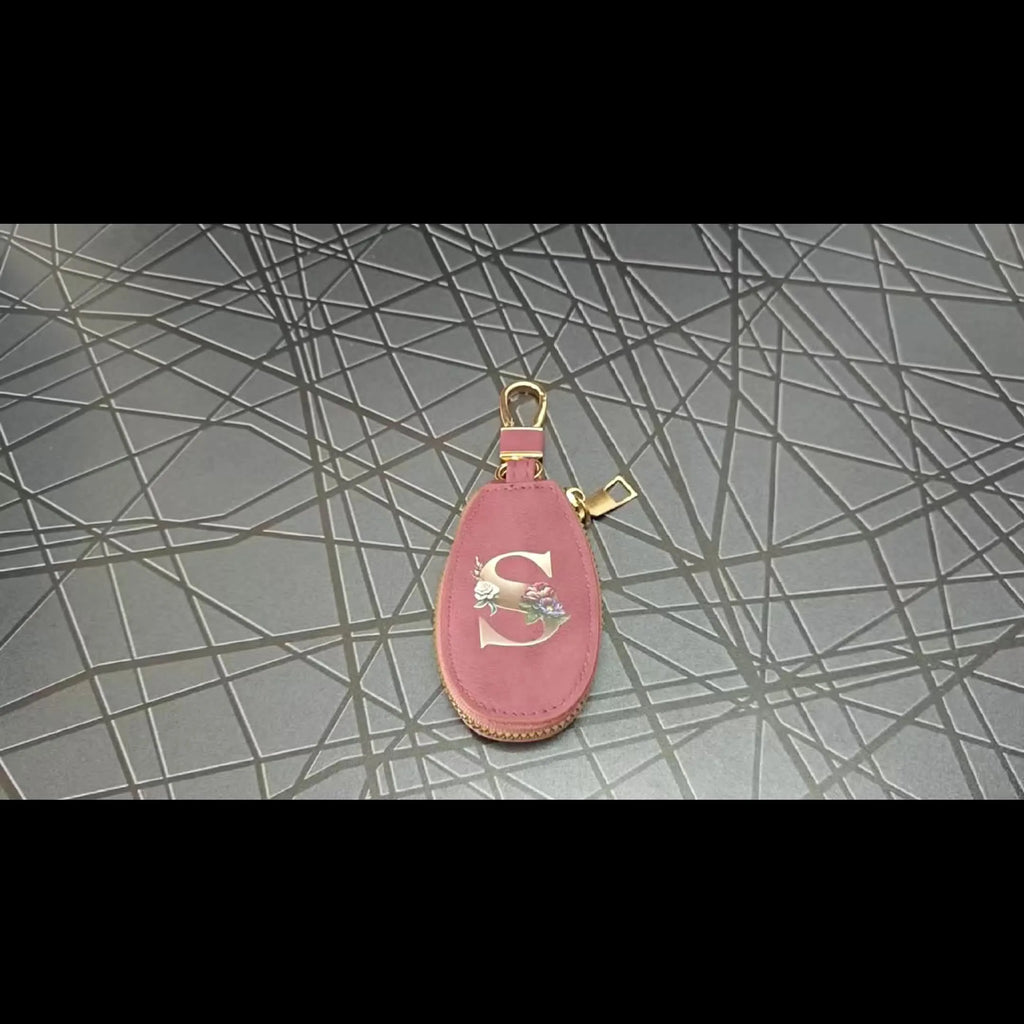Matte rose color, unisex, 26-letter coin purse, car key gift set, PU leather car smart key bag