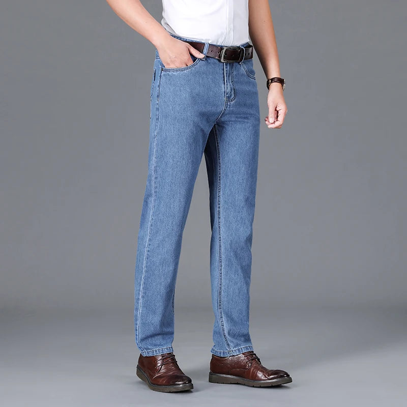 High Quality Jeans Men Spring Summer 100%Cotton Classics Business Straight Denim Pants Dark Blue Trousers Male Plus Size 40 42