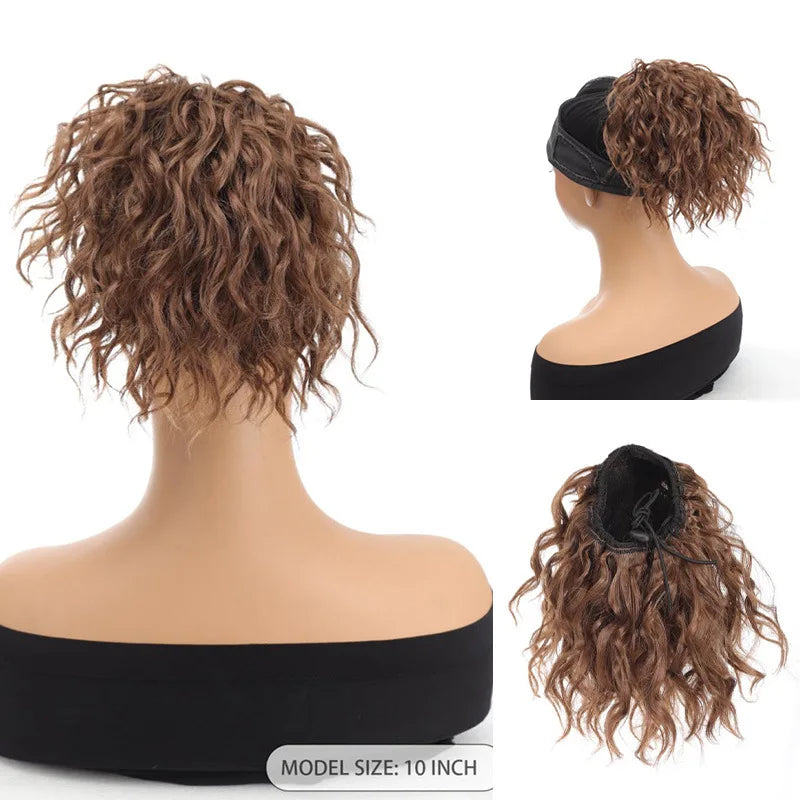 LUPU Wavy Curly Ponytail Extension 10 Inch Black Brown Drawstring Ponytail for Black Women
