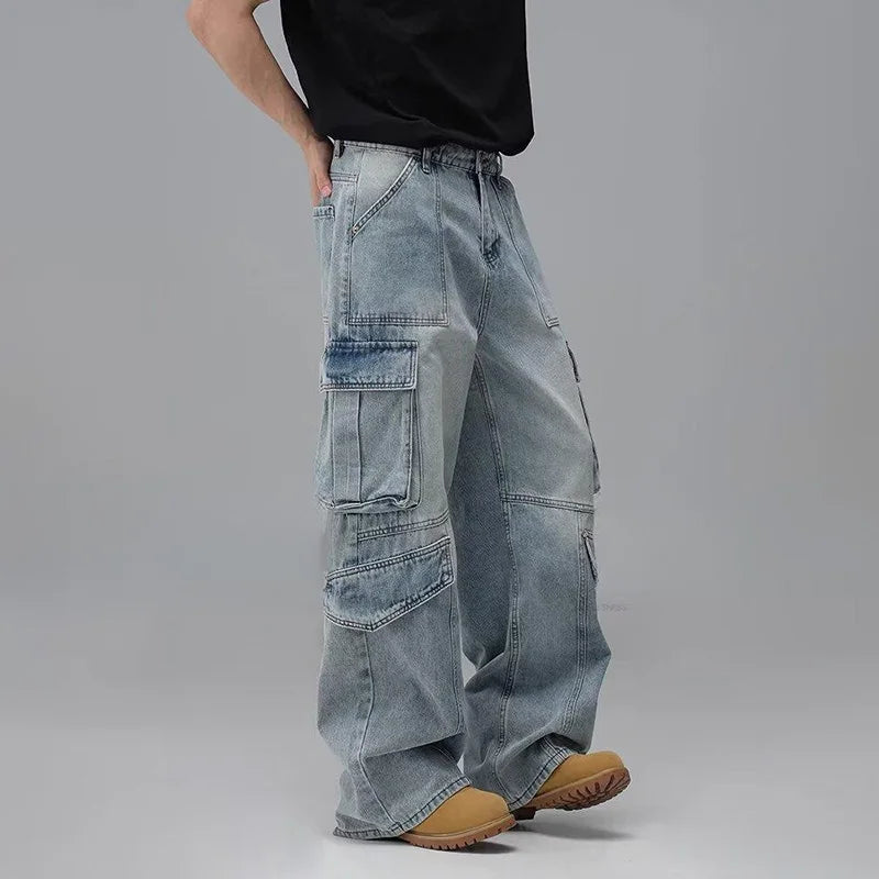 Men'S Spring And Summer Multi Pocket Workwear Design Jeans Retro Washed Japanese And Korean Casual Pants Loose Wide Leg Pants