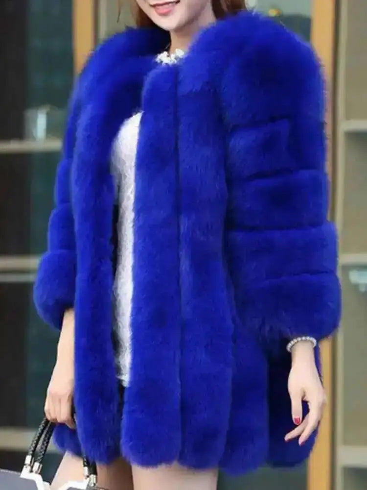 LANMREM 2024 Winter New Faux Fox Fur Coat Women Warm Long Sleeve Solid Color Temperament Luxury Jacket Coat Female Fashion 2W999
