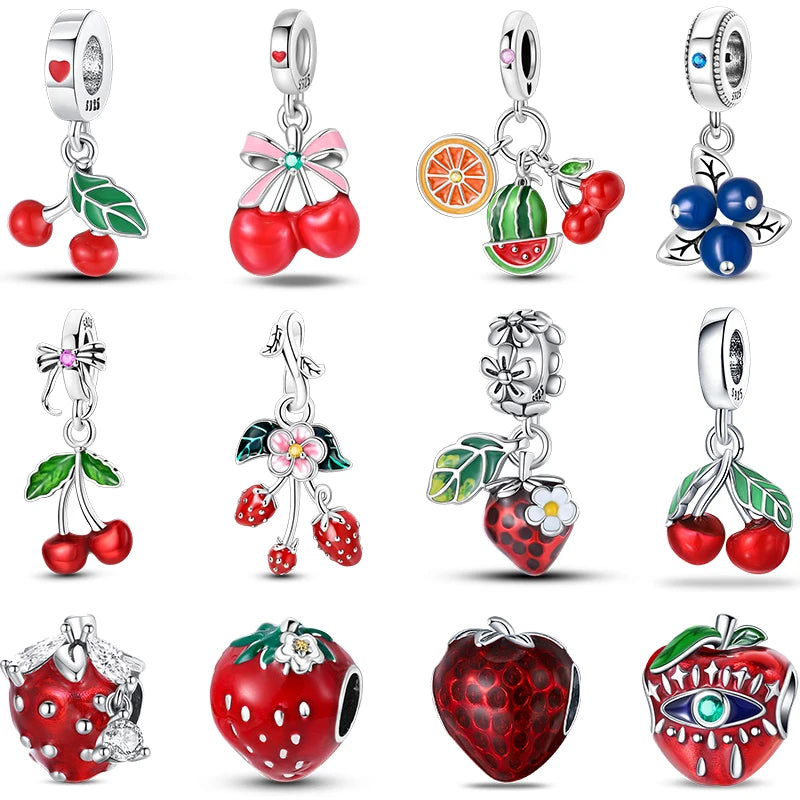 Charms Fit Pan Bracelets S925 Silver Color Strawberry Cherry Blueberries Fruit Sweet Original DIY Jewelry Birthday Fine Gifts
