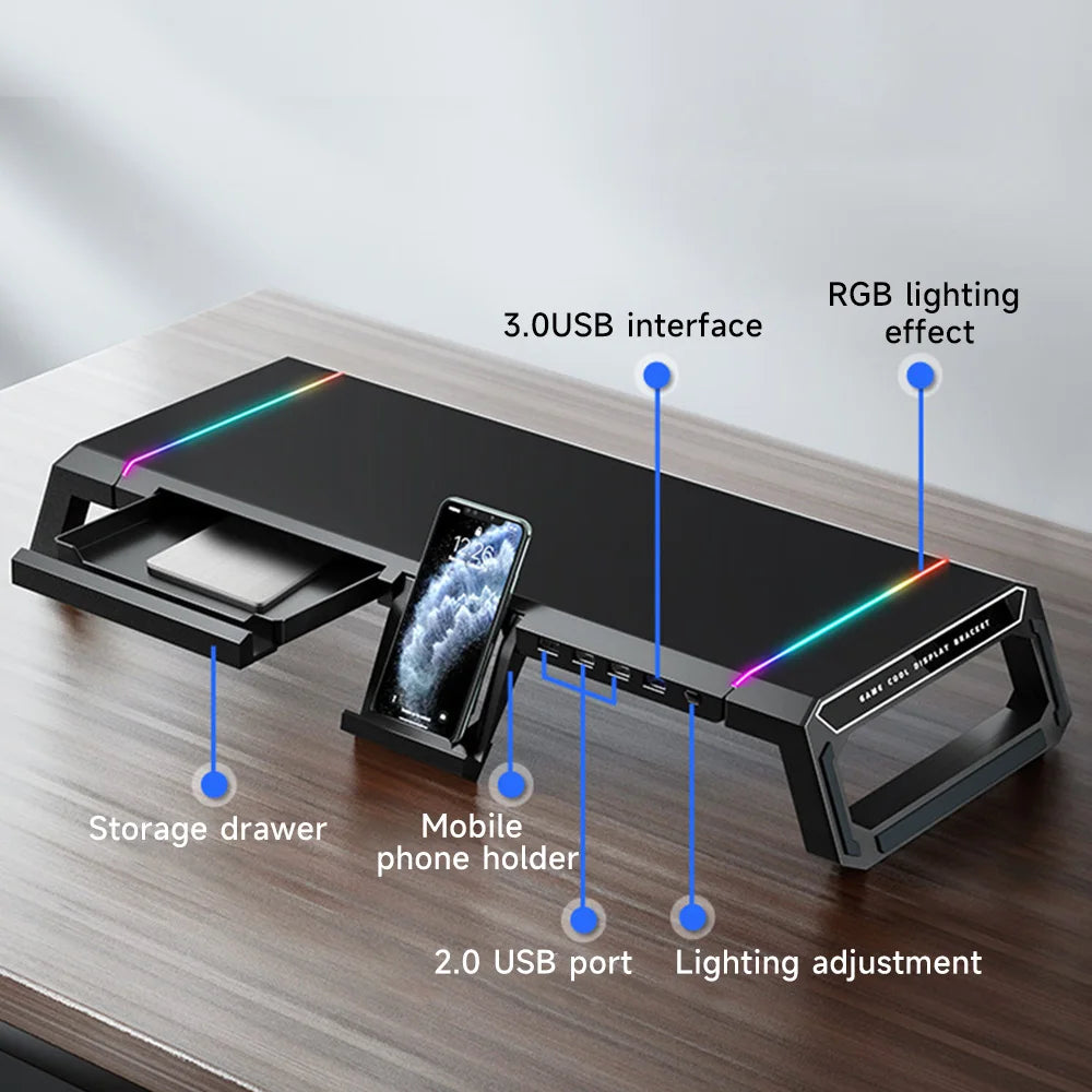 PC Monitor Stand with 3.0 USB Ports Data Transfer Charging Desktop Height Stand Office Laptop Keyboard Stand Storage Shelf Board