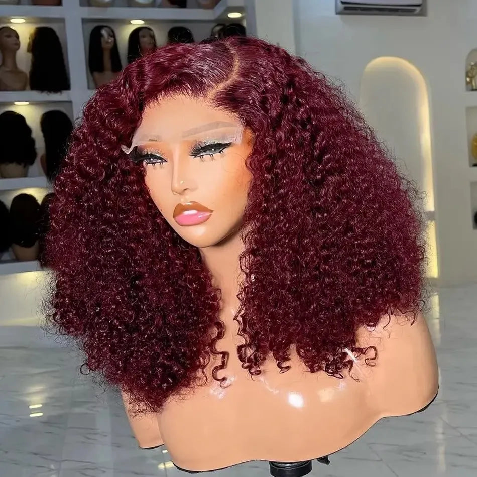 99J Red Burgundy Color Short Bob Cut Jerry Curly Synthetic 13X4X1 Lace Front Synthetic Wig For Women Preplucked Bleach Knots