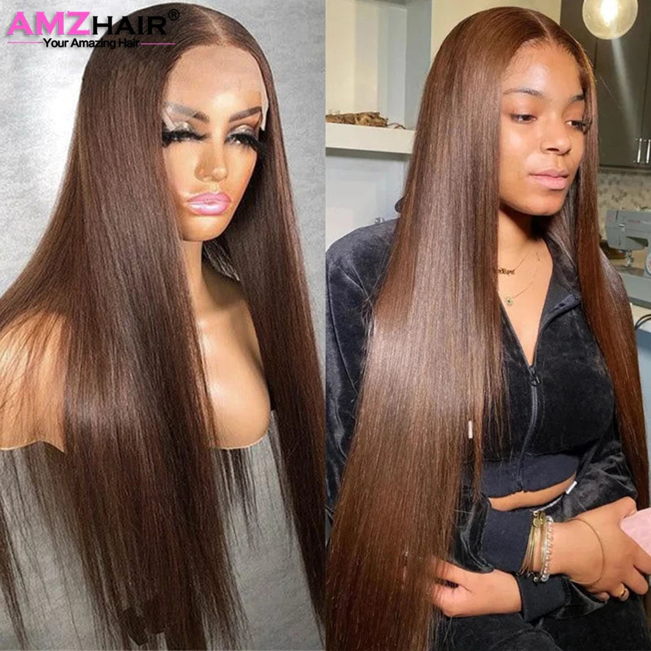 13x4 Bone Straight Chocolate Brown Lace Front Human Hair Wigs For Women Pre Plucked 13x6 Transparent Lace Frontal Cheap Wigs