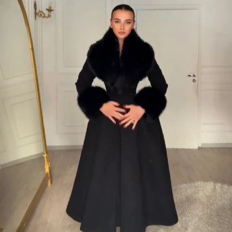 Women Elegant Long Wool Blend Coat Faux Fur Big Collar Cuff Cinched Waist Flare A‑line Maxi Coat Retro Party Outerwear Overcoat