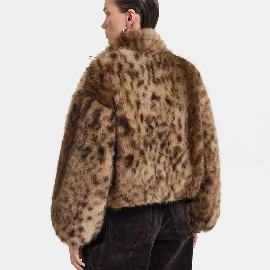 Women Reversible Leopard Print Faux Fur & Olive Nylon Cropped Jacket, Stand Collar Full Zip, Winter Warm Street Commuter