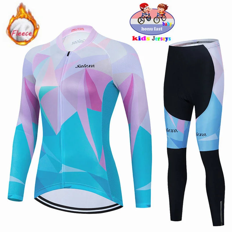New 2026 Kids Winter Thermal Fleece Cycling Jersey Set MTB Bicycle Girl Cycling Clothes Warm Bike Children Cycling Clothing Suit