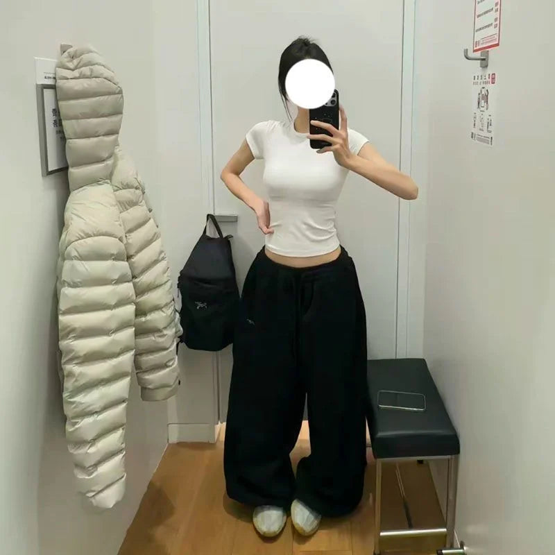 Retro Lazy Style Wide Leg Sweatpants Loose Sporty Floor-Length Trousers Autumn Winter Casual Comfortable Long Pants