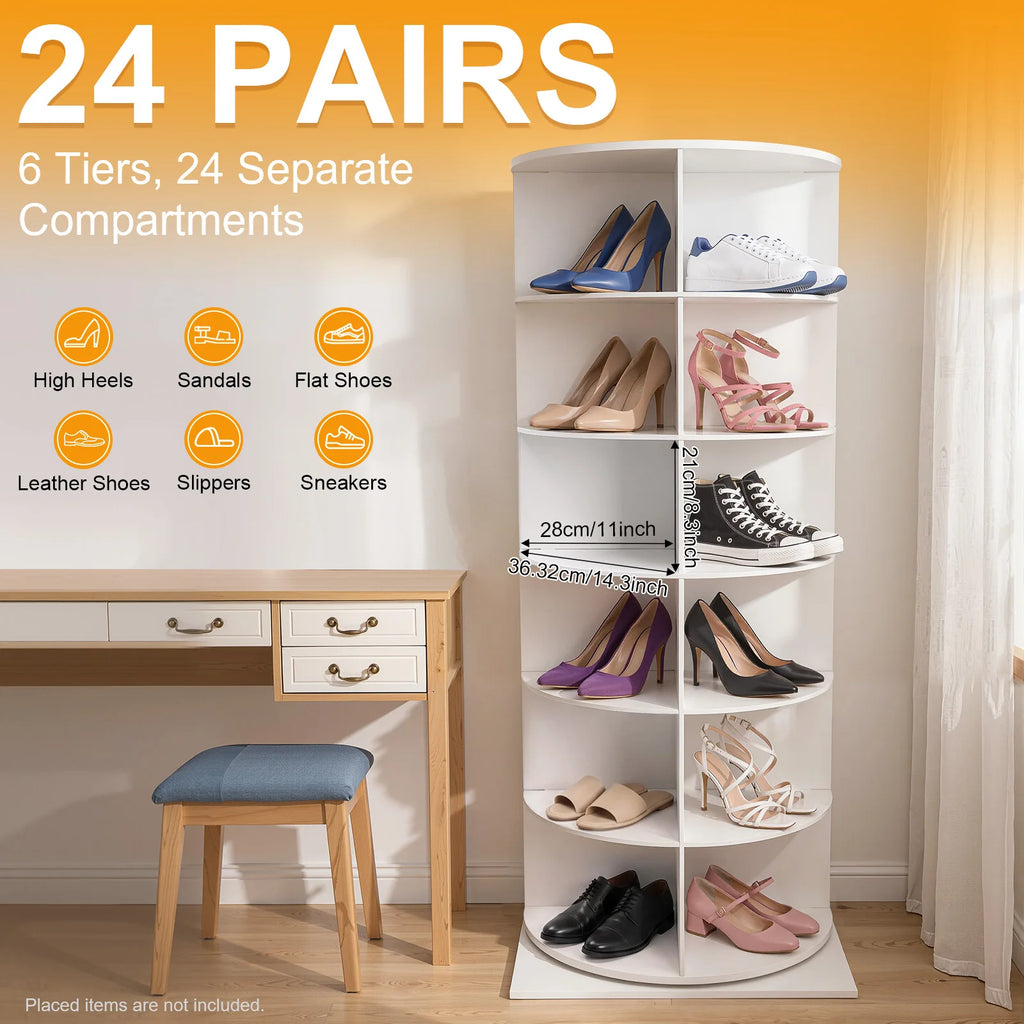 360° Rotating Shoe Rack 6-Tier 24 Pairs, Large Capacity Corner Floor Standing Shoe Organizer for Entryway Living Room