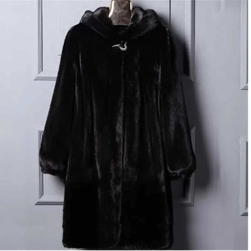 Women's Mink Fur Coat 9XL Thicken Parkas Middle-aged Mother Winter Hooded Mink Overcoat Fashion Warm Long Faux Fur Coats Female