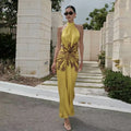 Fashion Halter Neck Sleeveless Abstract Print Maxi Dresses Ruched Waist 2026 Summer New Elegant Resort Vacation Evening Vestidos