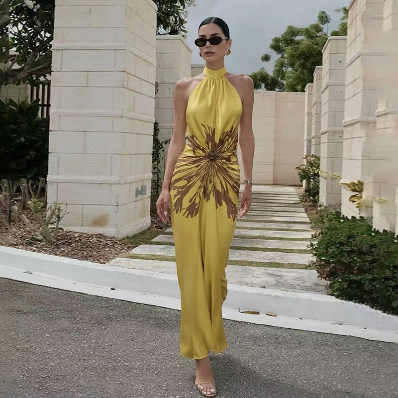 Fashion Halter Neck Sleeveless Abstract Print Maxi Dresses Ruched Waist 2026 Summer New Elegant Resort Vacation Evening Vestidos