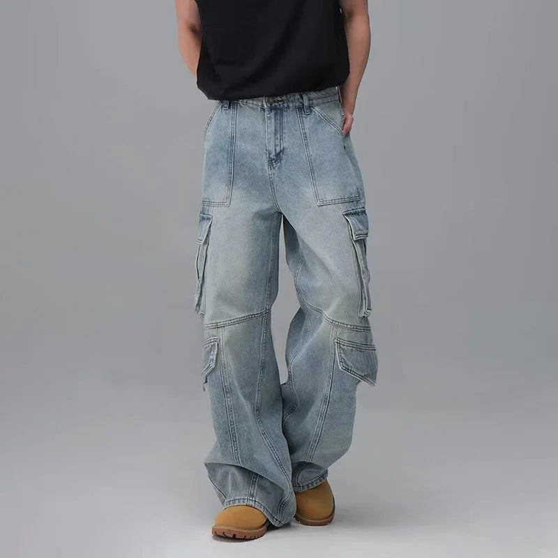 Men'S Spring And Summer Multi Pocket Workwear Design Jeans Retro Washed Japanese And Korean Casual Pants Loose Wide Leg Pants