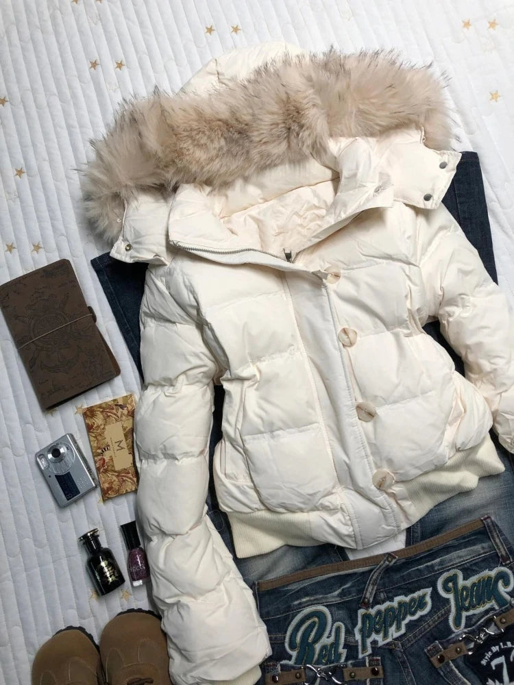 American Retro Vintage Fur Collar Hooded Cotton Coat Women Winter Loose Warm Casual Thick Jacket 2025 Fashion Street Style Cozy