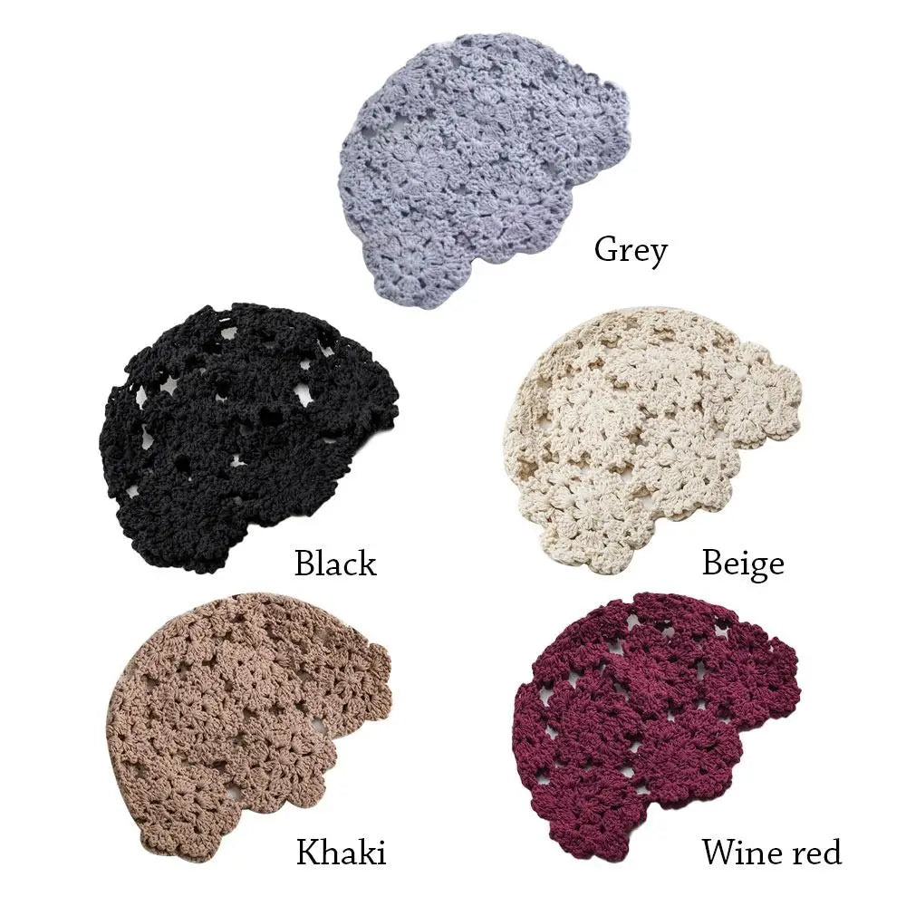 Breathable Hollowed Out Knitted Hat Flowers Casual Beret Cap Summer Fashion Flowers Breathable Cotton Skullies Sun Visor Women
