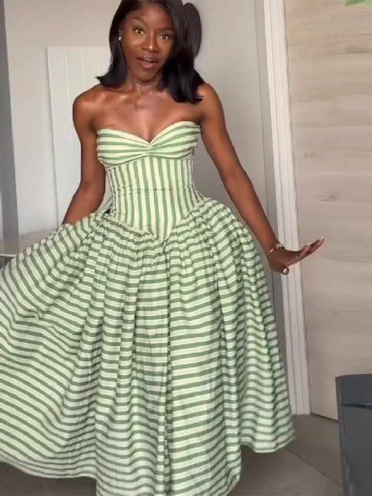 Fashion Striped Strapless Slim Fitting Dress Women Lace Up Waist-cinching Chic Maxi Dresses 2026 New Birthday Party Evening Gown