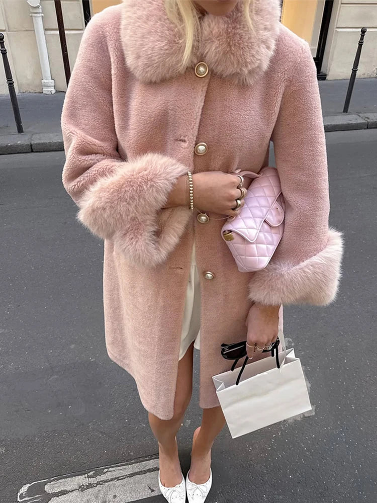 Trendix Elegant Faux Fur Collar Coat Women Winter Slim Patchwork Pocket Warm Trench Street Casual Long Faux Fox Fur Outerwear