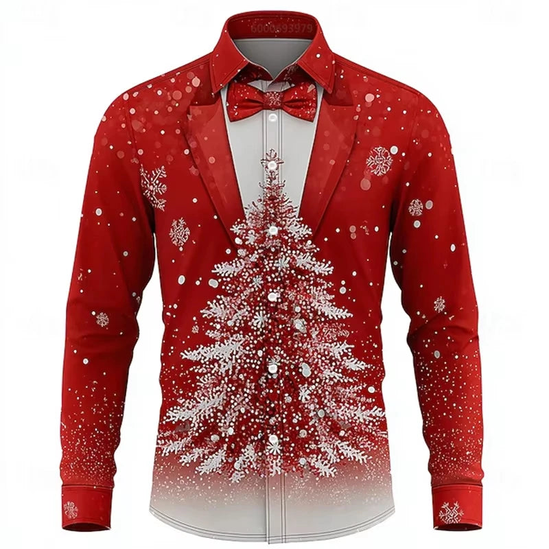 2026 Men's Fashion Snowflake Tie Print Lapel Shirt Long Sleeve Button Up Autumn Winter Christmas Festival Premium Edition