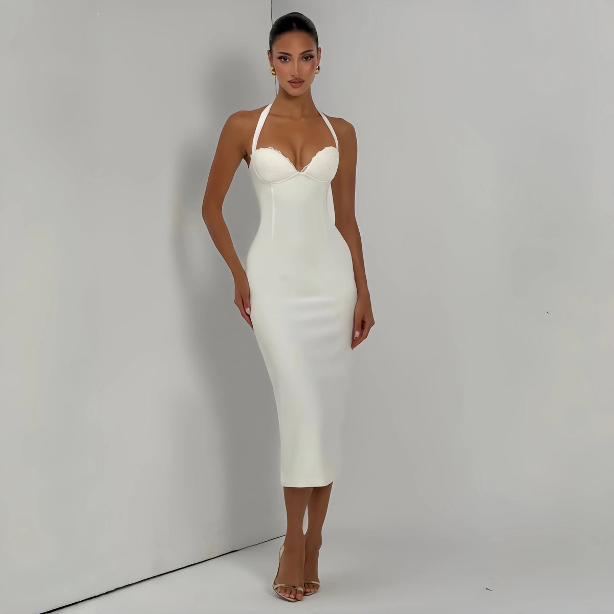 2026 Summer New White Halter Neck Lace Bustier Midi Dress Sexy Bodycon Party Dress For Birthday Prom Evening Clubwear