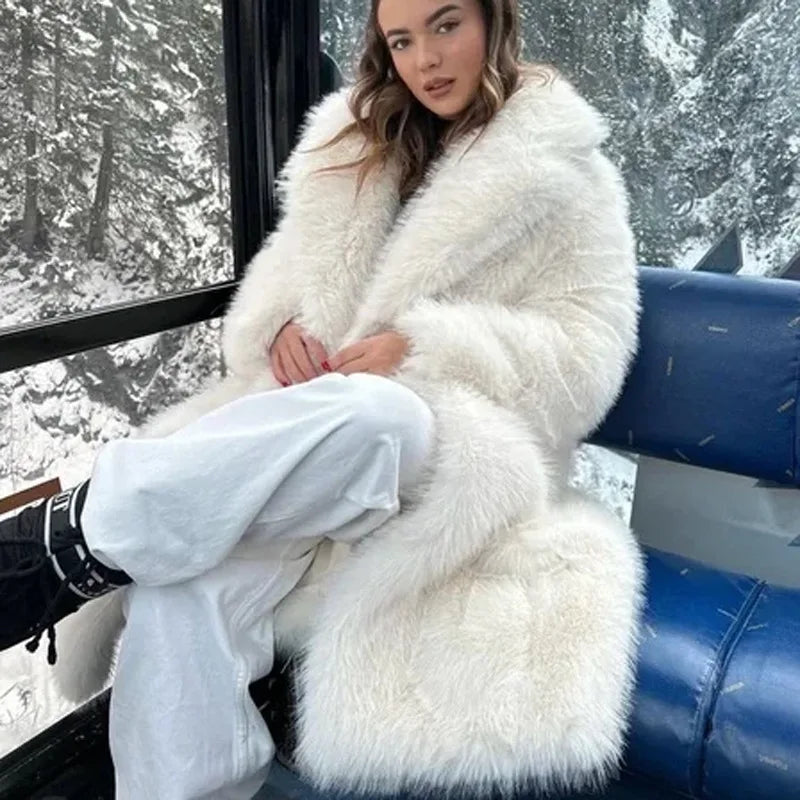 Faux Fox Fur Coats Women Long Fur Jacket Solid Turn Down Collar Long Sleeves Thick Warm Fur Loose Fit Casual 2025 Autumn Winter