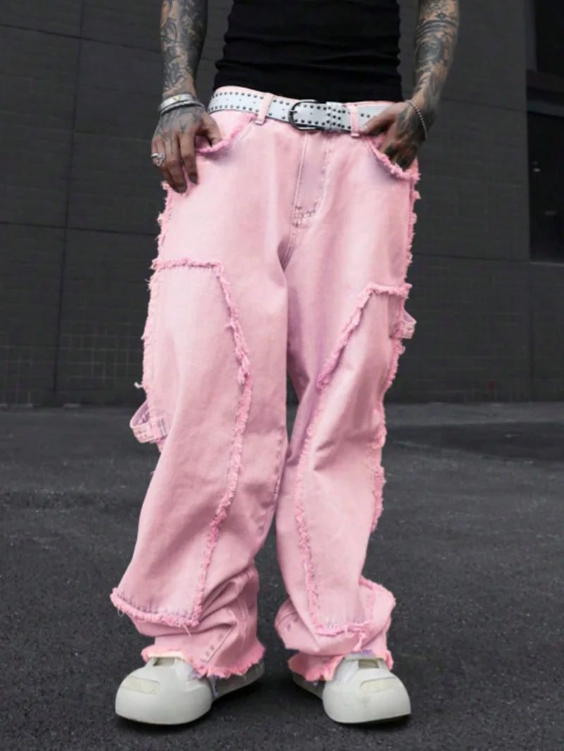 Pink Frayed Wide-Leg All-Season Cargo Denim Jeans