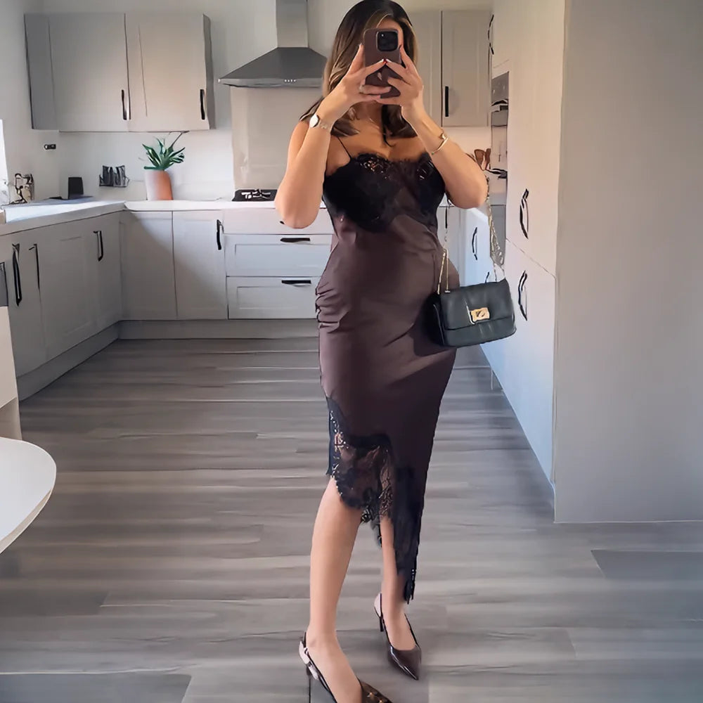 Talenza Vintage Lace Dress Fashion Asymmetrical Lace Patchwork Satin Strapless Dress Sexy High-Waisted Women Party Evening Dress
