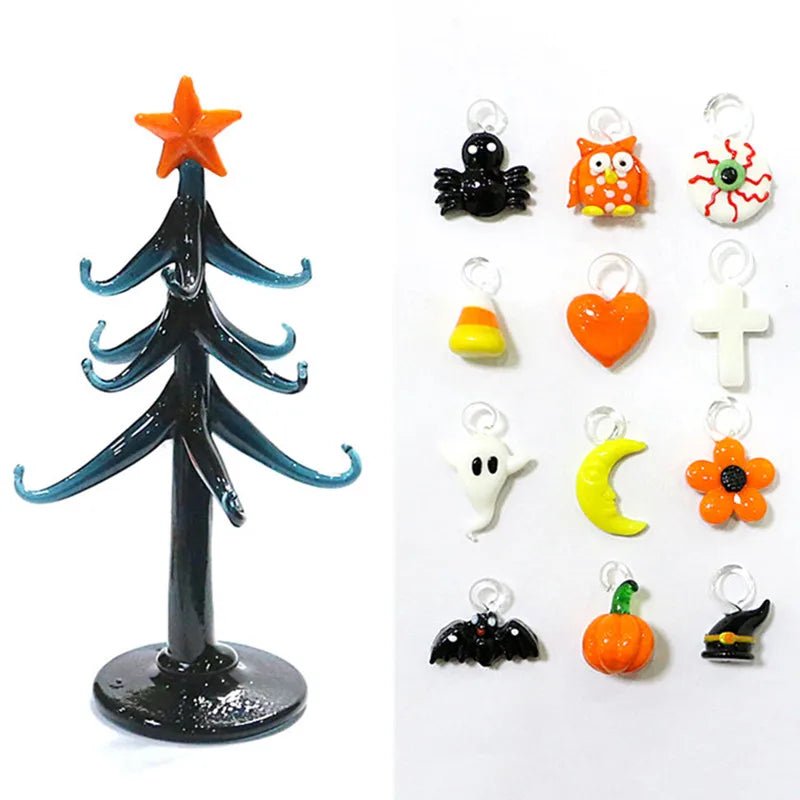 Halloween Decor Cute Glass Tree Figurine Ornaments with Mini Owl Spider Bat Pumpkin Cross Ghost Evil Eye Heart Moon Hat Pendant