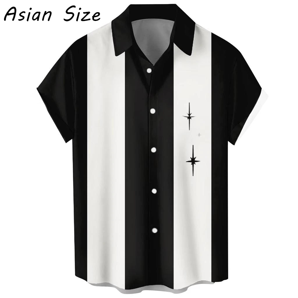 Simple Style Stripe Color Blocking Graphic Men's Shirts Short Sleeve Lapel Shirt Hawaiian Tops Button-Down Blouse Loose Camisa