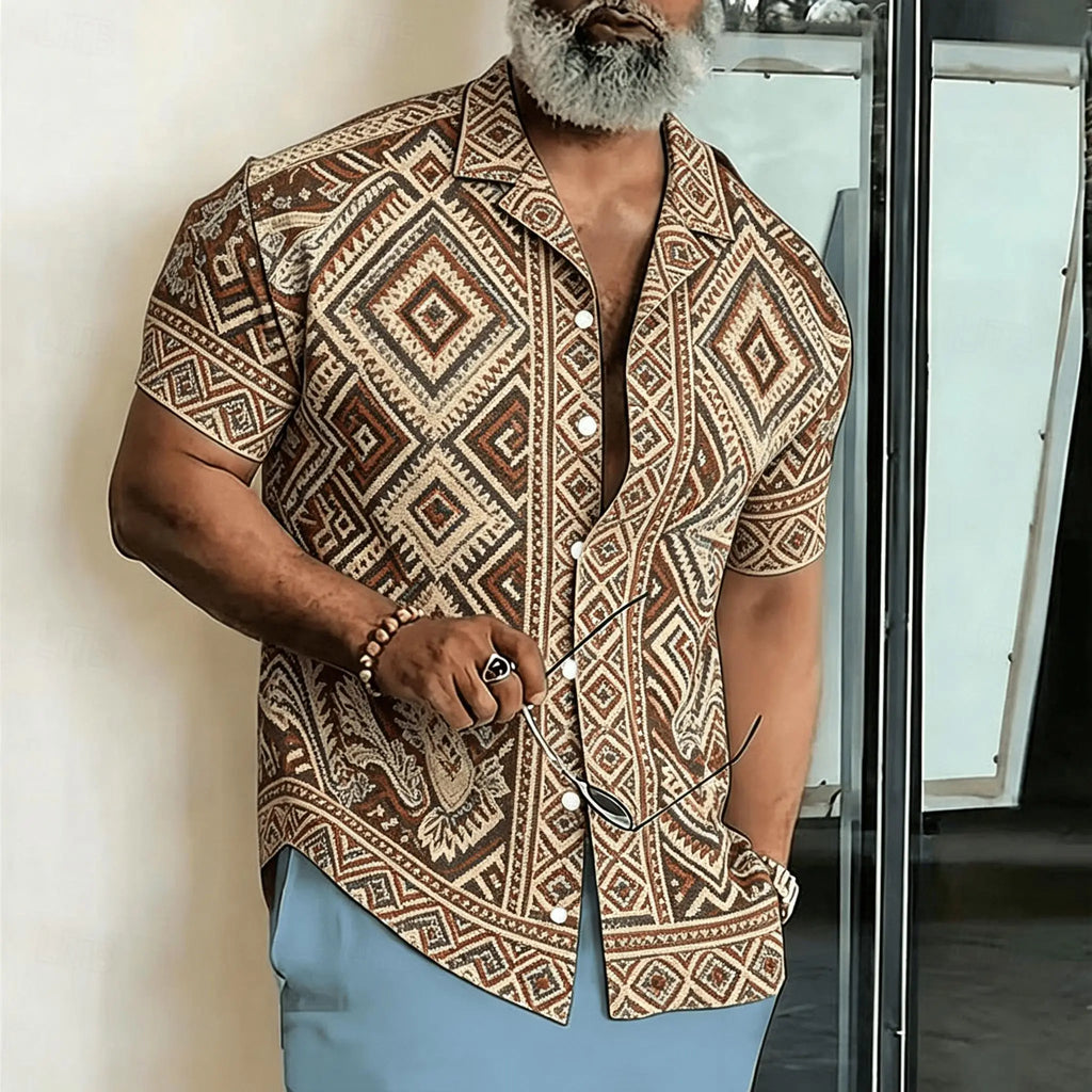 Men's Boho Tribal Geometric Print Short Sleeve Shirt, Vintage Aztec Ethnic Pattern Casual Button Down for Spring & Summer