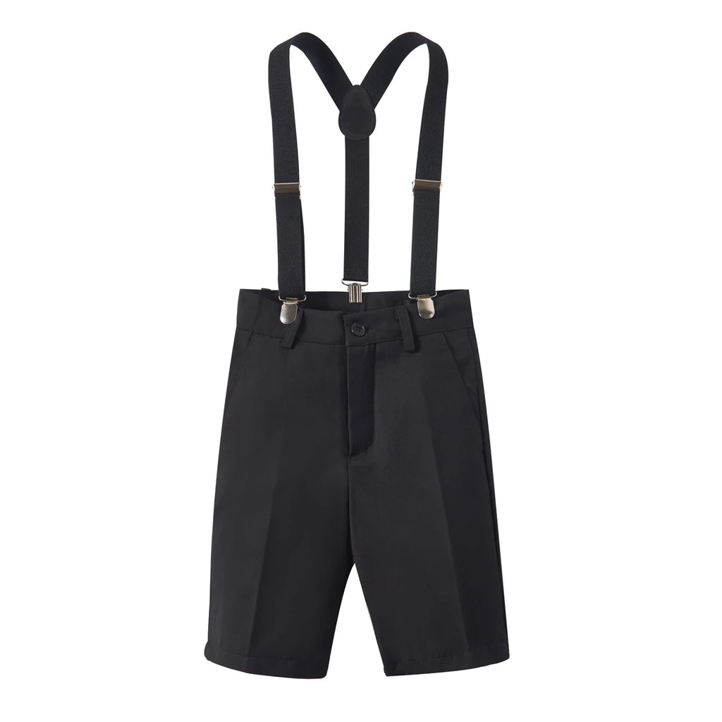 4pcs/set Boys' Short Suit Set With Short Shirt, Short Pants, Tie and Straps School Uniforms